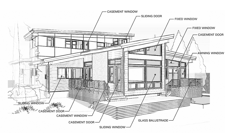Hand-drawn house elevation showing variety of Kanod windows and doors including casement, sliding, and folding types